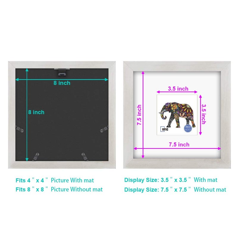 RPJC 8x8 Soild Wood Picture Frame with High Definition Glass Display Pictures 4x4 with Mat or 8x8 Without Mat for Wall Mounting Hanging Photo Frame Rustic White - Image 4
